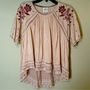 Knox Rose Small Embroidered Pink Blouse High Low Loose Fit Bohemian Cottage Core